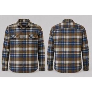 Patagonia Mens Fjord Flannel Shirt  MENS MED Organic Cotton Plaid BRN  NAVY